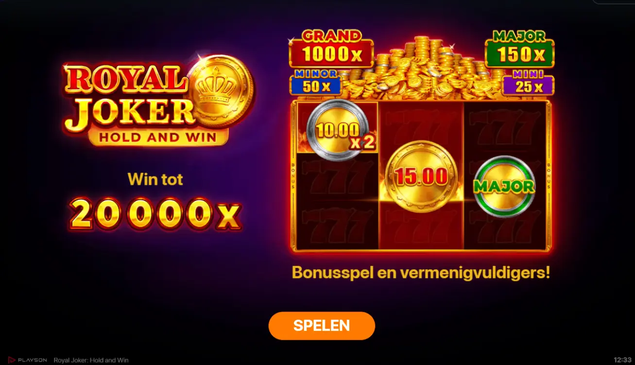 Royal Joker Hold and Win slot met bonusspel, vermenigvuldigers en maximale winst tot 20.000x.