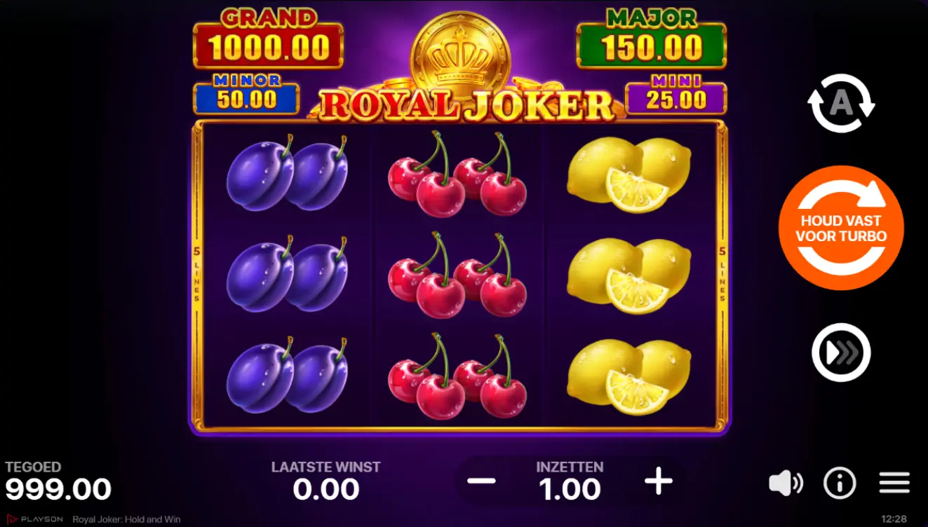 Royal Joker Hold and Win speelveld met fruitrollen, jackpots en inzetinstellingen in een online casino.